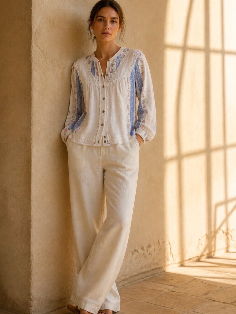 POL White Waffle Knit Boho Blouse - Medium (Pre-owned)
